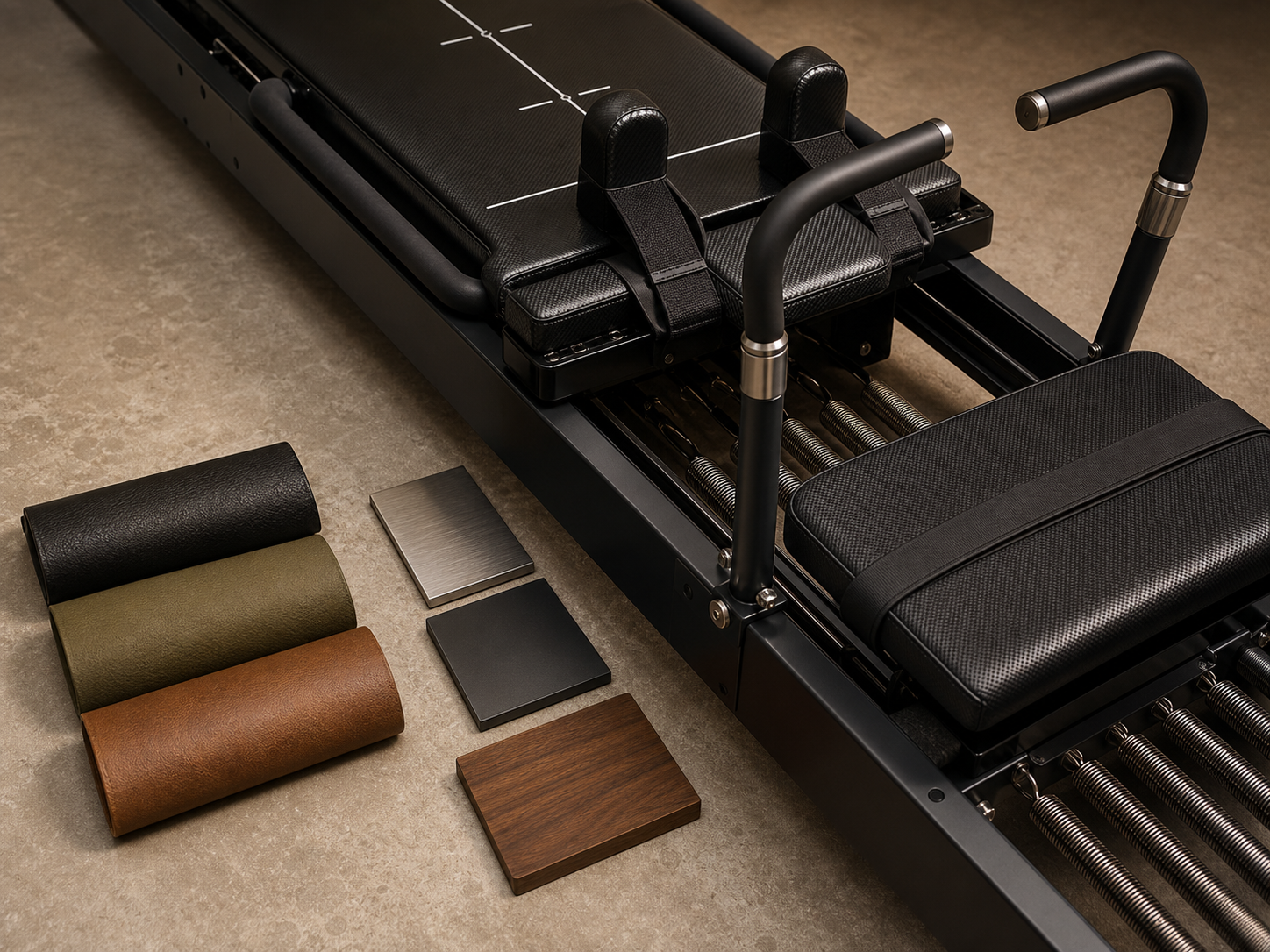 Custom finishes and material samples beside black reformer machine hardware