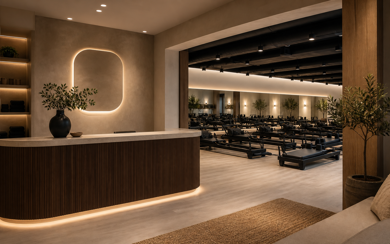 Premium boutique studio lobby opening into a reformer machine room